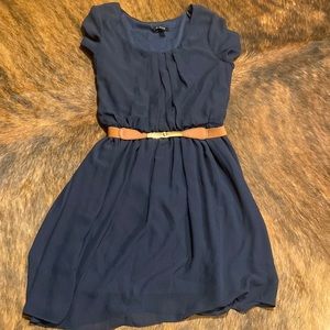 A byer navy blue dress with brown belt